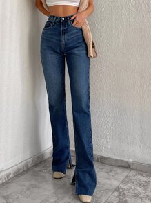 RueChic Casual Washed Split Hem Jeans - Blue - View 6