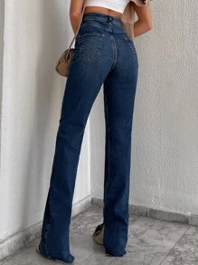 RueChic Casual Washed Split Hem Jeans - Blue - View 7