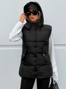 RueChic Zip Up Hooded Puffer Vest Coat - Black - View 3