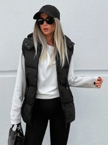 RueChic Zip Up Hooded Puffer Vest Coat - Black - View 4