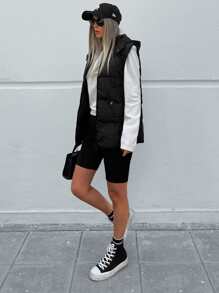 RueChic Zip Up Hooded Puffer Vest Coat - Black - View 5