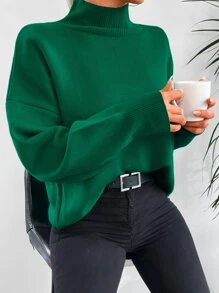 EURMUSE High Neck Drop Shoulder Sweater - Green - View 4