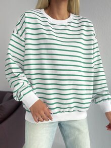 RueChic Striped Print Drop Shoulder Sweatshirt - White - View 6