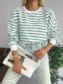 RueChic Striped Print Drop Shoulder Sweatshirt - White - View 7