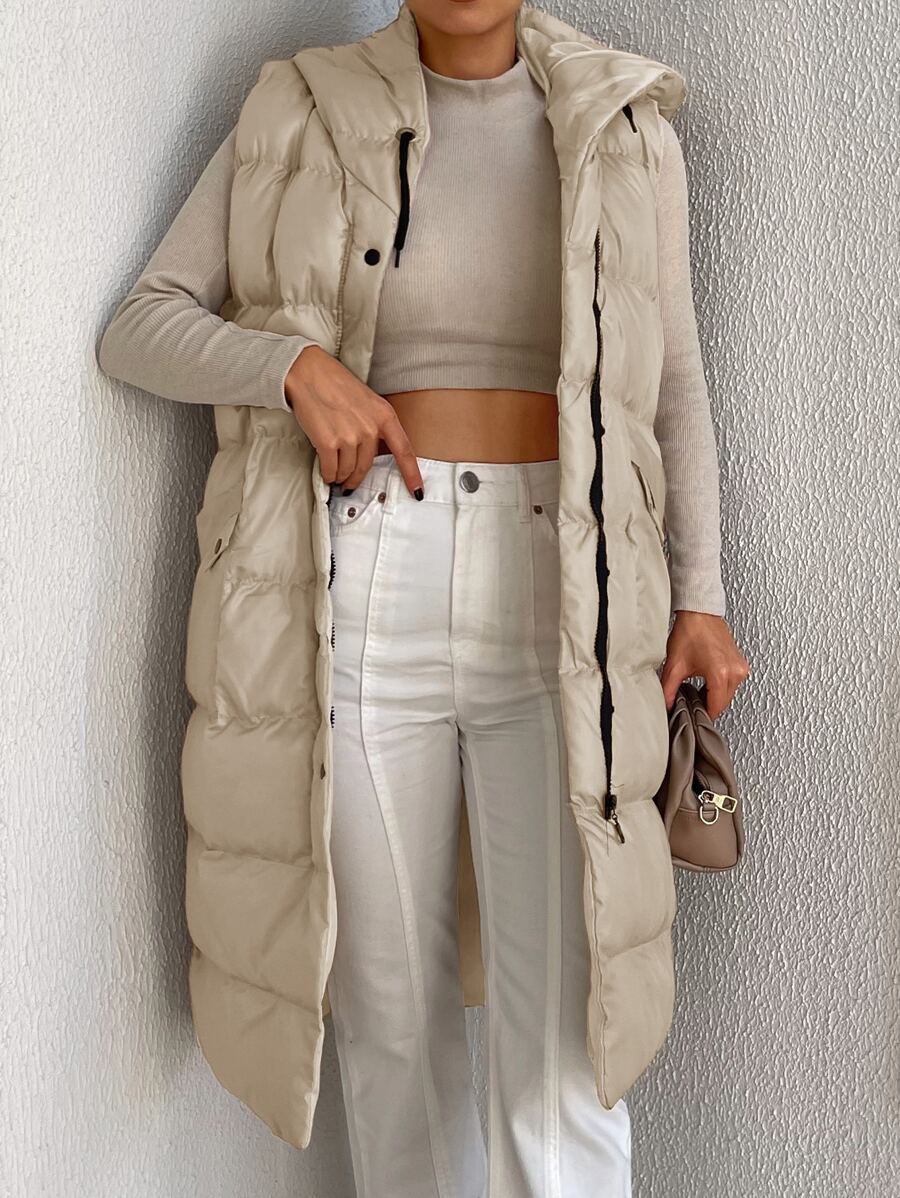 EURMUSE Zip Up Hooded Puffer Vest Coat - Beige - View 1