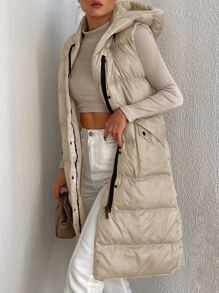 EURMUSE Zip Up Hooded Puffer Vest Coat - Beige - View 3