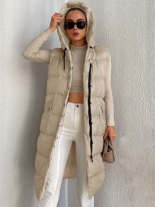 EURMUSE Zip Up Hooded Puffer Vest Coat - Beige - View 4