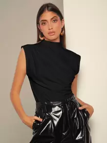 BizChic Áo nữ không tay cổ cao xếp ly màu đen, phong cách lãng mạn, thanh lịch, thích hợp mặc hàng ngày, công sở, đi làm, phong cách vintage, mùa thu. - màu đen - Xem 6