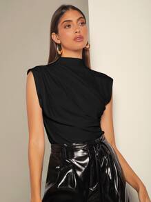 BizChic Áo nữ không tay cổ cao xếp ly màu đen, phong cách lãng mạn, thanh lịch, thích hợp mặc hàng ngày, công sở, đi làm, phong cách vintage, mùa thu. - màu đen - Xem 4