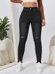 SHEIN EZwear Quần jean nữ Nút Túi Hem thô Bị tách Dây kéo màu trơn - màu đen - Xem 1