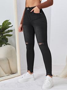 SHEIN EZwear Quần jean nữ Nút Túi Hem thô Bị tách Dây kéo màu trơn - màu đen - Xem 2