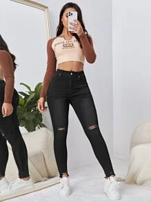 SHEIN EZwear Quần jean nữ Nút Túi Hem thô Bị tách Dây kéo màu trơn - màu đen - Xem 6