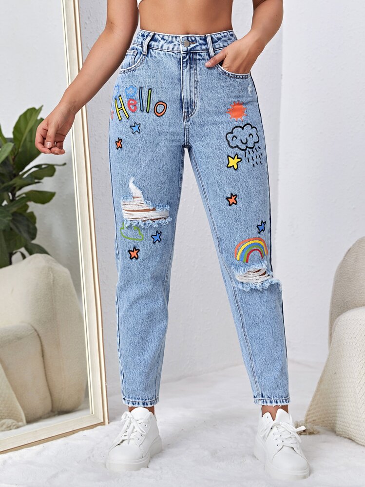 SHEIN EZwear Letter & Cartoon Graphic Ripped Mom Fit Jeans - Light Wash - View 1