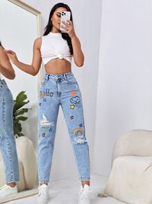 Quần Jeans Mẹ Họa Tiết Chữ & Hoạt Hình - Rửa nhẹ - Xem 3