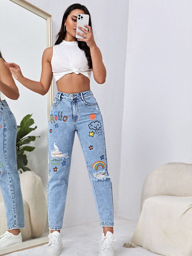 SHEIN EZwear Letter & Cartoon Graphic Ripped Mom Fit Jeans - Light Wash - View 3