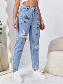 Quần Jeans Mẹ Họa Tiết Chữ & Hoạt Hình - Rửa nhẹ - Xem 5
