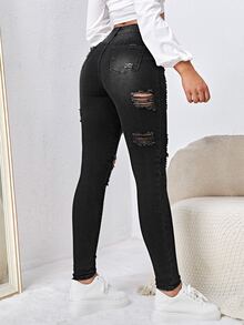 SHEIN Essnce High Waist Cut Out Ripped Frayed Skinny Jeans - Black - View 2