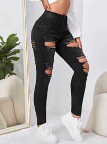 SHEIN Essnce High Waist Cut Out Ripped Frayed Skinny Jeans - Black - View 1