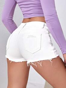 SHEIN EZwear Ripped Raw Trim Denim Shorts Y2k - White - View 2