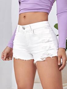 SHEIN EZwear Ripped Raw Trim Denim Shorts Y2k - White - View 5