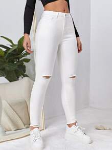 Flexra Ripped Raw Cut Skinny Jeans - White - View 5