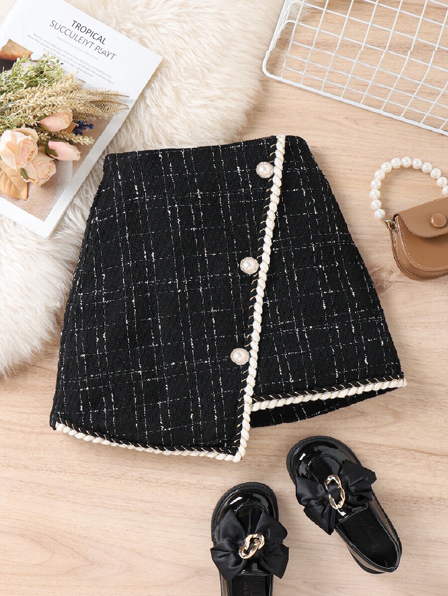Tween Girl Button Front Asymmetrical Hem Skirt - Black - View 1