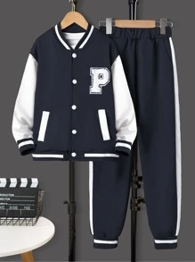 SHEIN Boys Letter Graphic Striped Trim Varsity Jacket & Joggers - Navy Blue - View 1