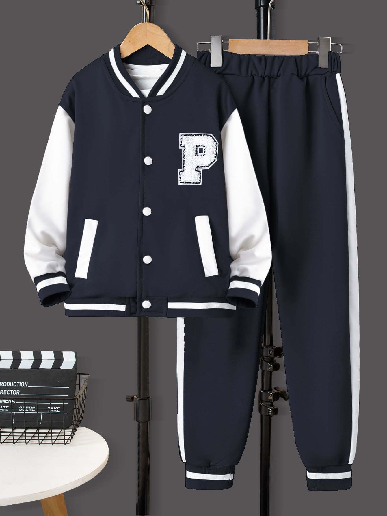 SHEIN Boys Letter Graphic Striped Trim Varsity Jacket & Joggers - Navy Blue - View 1
