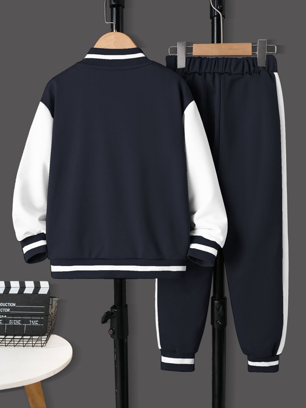 SHEIN Kids Academe Tween Boy Letter Graphic Striped Trim Varsity Jacket & Sweatpants SHEIN USA