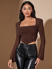 SHEIN BAE 方領鐘形袖手帕下擺T恤 - 巧克力棕 - 查看 1