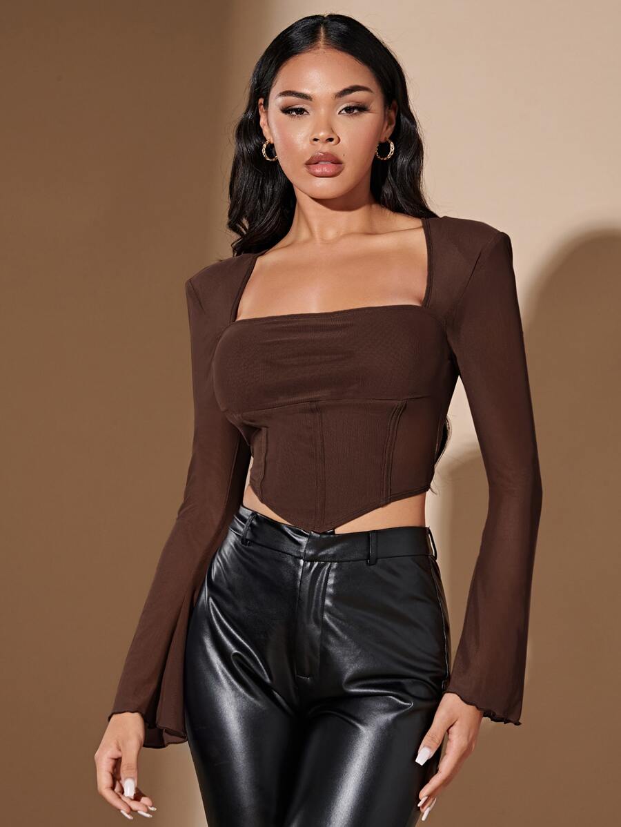 SHEIN BAE 方領鐘形袖手帕下擺T恤 - 巧克力棕 - 查看 1