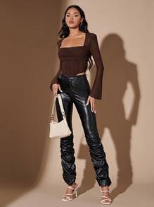 SHEIN BAE 方領鐘形袖手帕下擺T恤 - 巧克力棕 - 查看 3