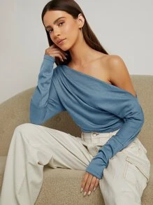 SHEIN BAE Top de cuello asimétrico con diseño fruncido - Neblina azul - Ver 1