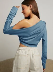 SHEIN BAE Top de cuello asimétrico con diseño fruncido - Neblina azul - Ver 2