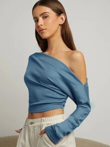 SHEIN BAE Top de cuello asimétrico con diseño fruncido - Neblina azul - Ver 3