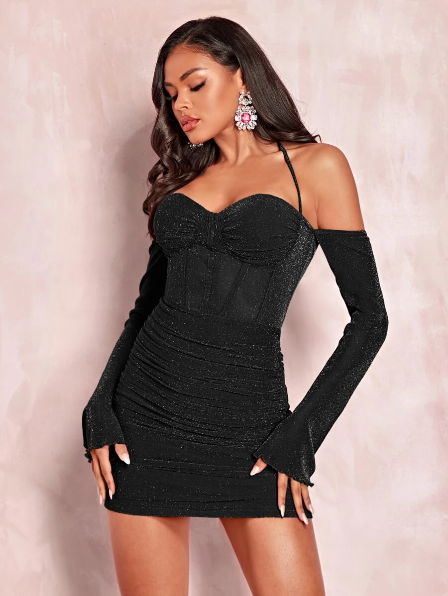 SHEIN BAE Tie Backless Ruched Glitter Bodycon Dress - Black - View 1