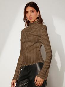 BizChic Lettuce Trim Mock Neck Rib-knit Top - Mocha Brown - View 3