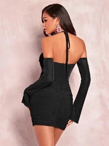 SHEIN BAE Tie Backless Ruched Glitter Bodycon Dress - Black - View 2
