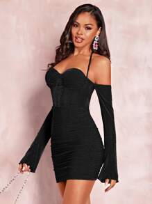 SHEIN BAE Tie Backless Ruched Glitter Bodycon Dress - Black - View 3