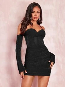 SHEIN BAE Tie Backless Ruched Glitter Bodycon Dress - Black - View 6
