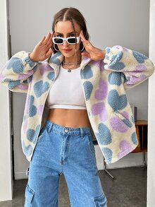 SHEIN Qutie Heart Pattern Drop Shoulder Teddy Jacket - Multicolor - View 4