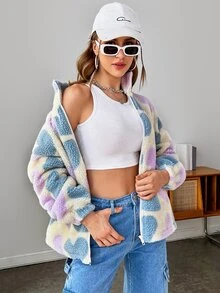 SHEIN Qutie Heart Pattern Drop Shoulder Teddy Jacket - Multicolor - View 5