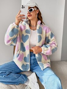 SHEIN Qutie Heart Pattern Drop Shoulder Teddy Jacket - Multicolor - View 2