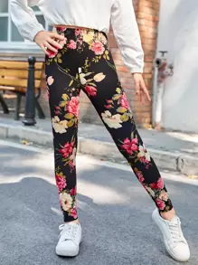 SHEIN 少女休閒高腰花卉印花打底褲,適用於秋冬季節 - 彩色 - 查看 1