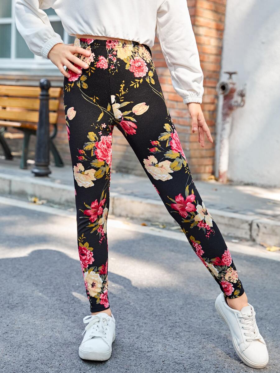 SHEIN 少女休閒高腰花卉印花打底褲,適用於秋冬季節 - 彩色 - 查看 1