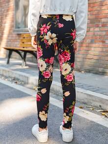 SHEIN 少女休閒高腰花卉印花打底褲,適用於秋冬季節 - 彩色 - 查看 2