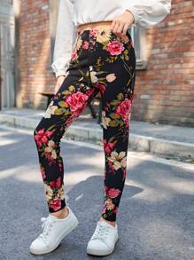 SHEIN 少女休閒高腰花卉印花打底褲,適用於秋冬季節 - 彩色 - 查看 3