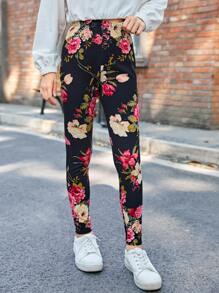 SHEIN 少女休閒高腰花卉印花打底褲,適用於秋冬季節 - 彩色 - 查看 4