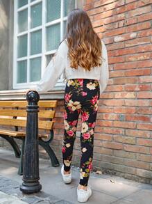 SHEIN 少女休閒高腰花卉印花打底褲,適用於秋冬季節 - 彩色 - 查看 5