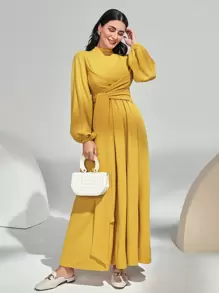 Seusyu Đầm Hội Chữ thập Thắt nút Dây kéo màu trơn Thanh lịch - Màu vàng - Xem 1